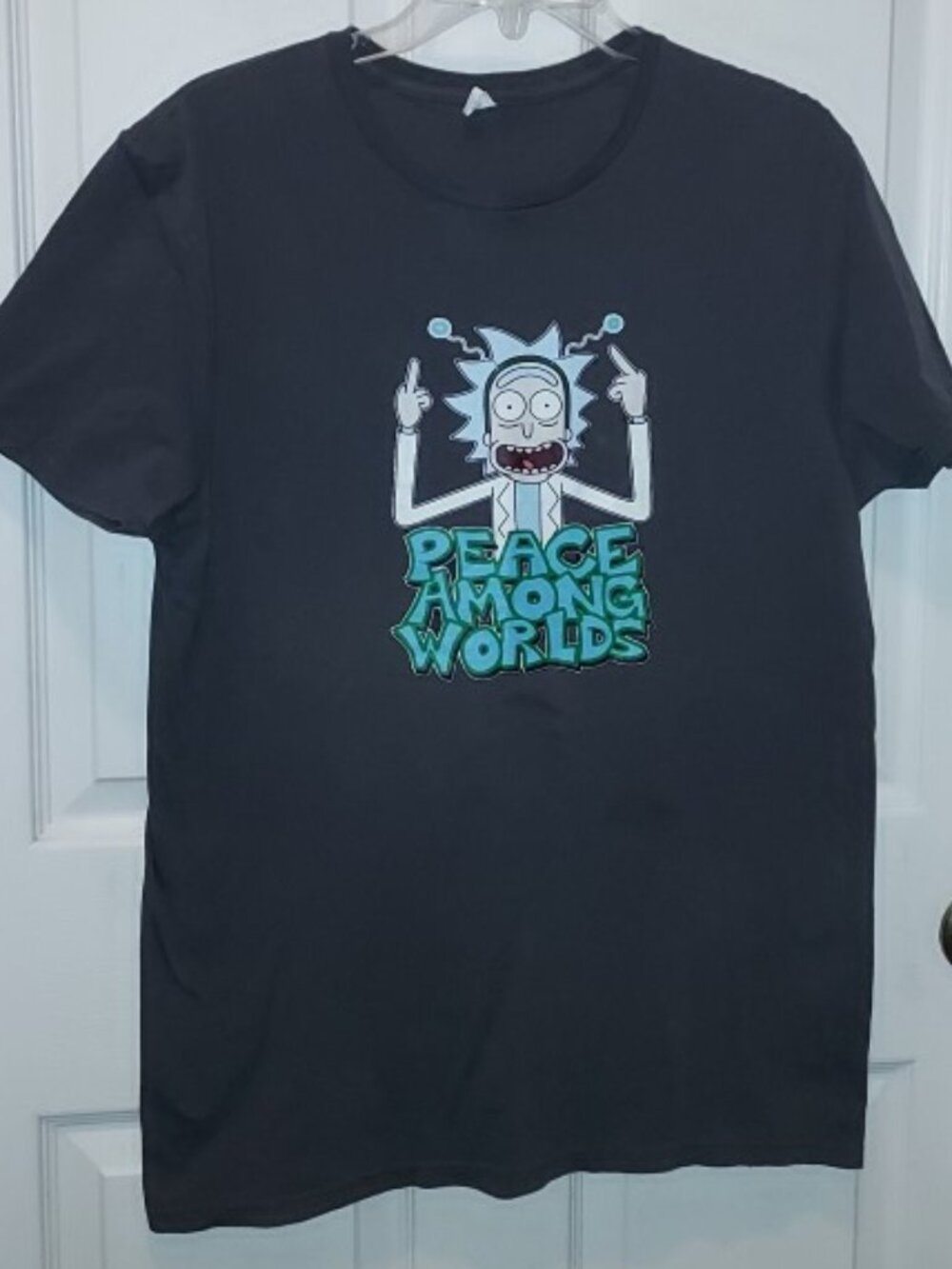 RICK & MORTY PEACE AMONG WORLDS 🖕 🖕 SHIRT ❤️ Dark Gray Mens/Adult Sz M
